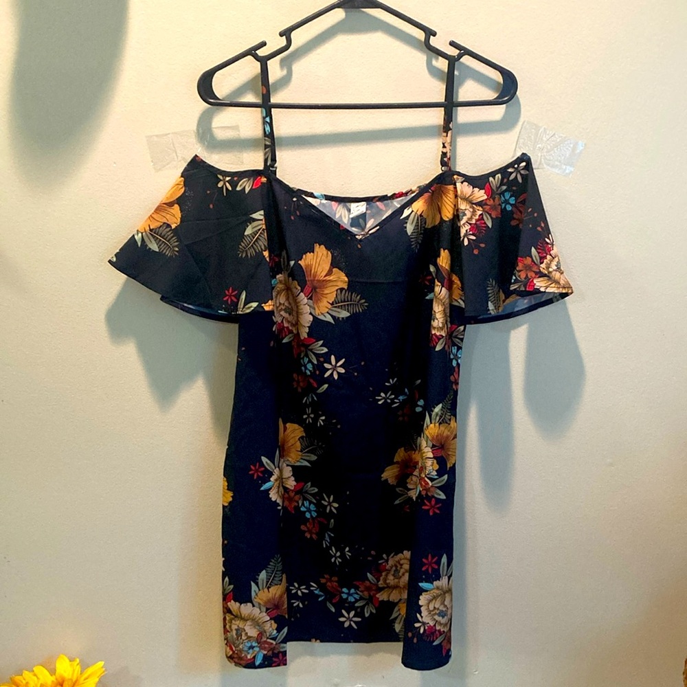 Cold shoulder, navy blue with flowers sundress.